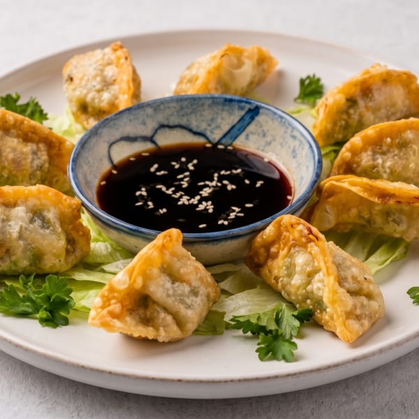 Golden fried dumplings arranged around a soy sauce bowl with sesame seeds and lettuce.