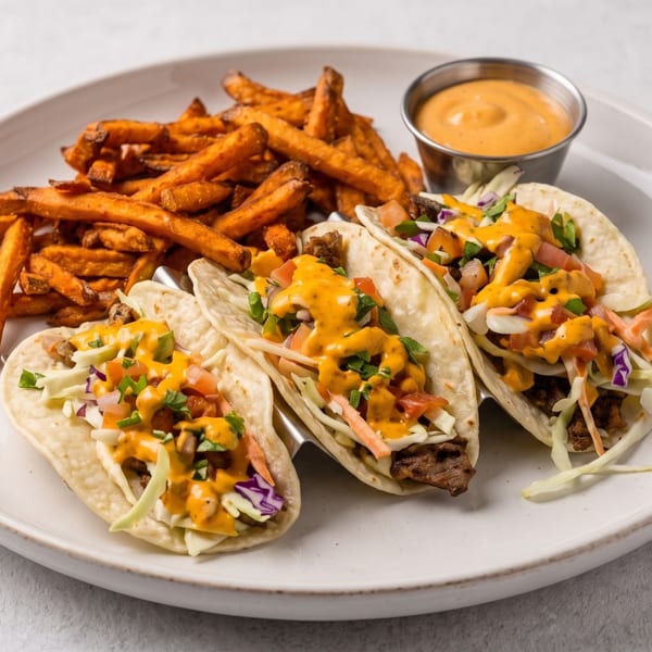 Three tacos topped with slaw and sauce, alongside sweet potato fries and dipping sauce.
