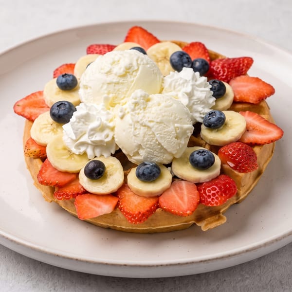 Round waffle topped with strawberries, banana slices, blueberries, whipped cream, and ice cream.